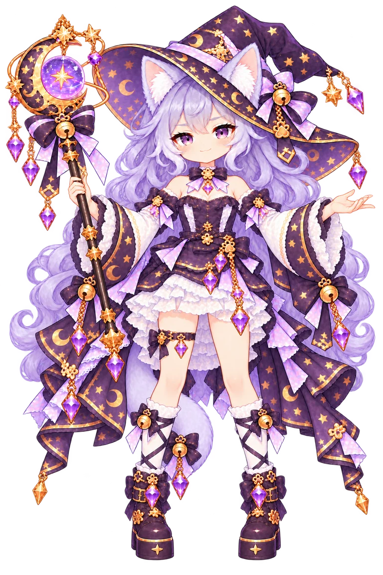 Viola with her staff and star decorated purple witch outfit