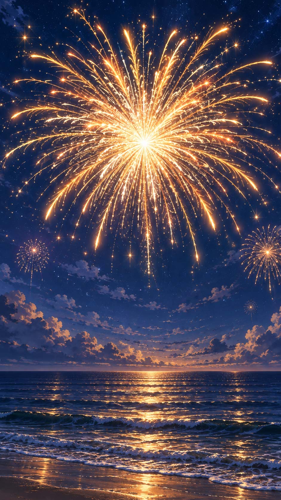 Golden fireworks over the sea