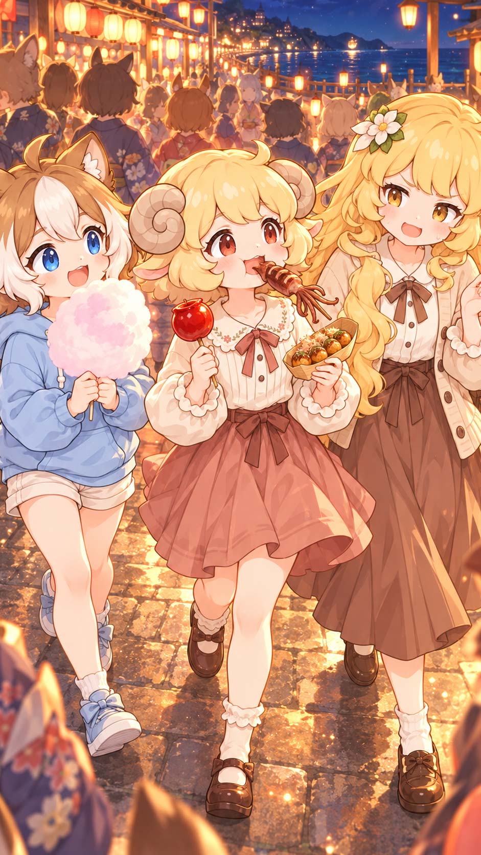 The three friends sampling festival food