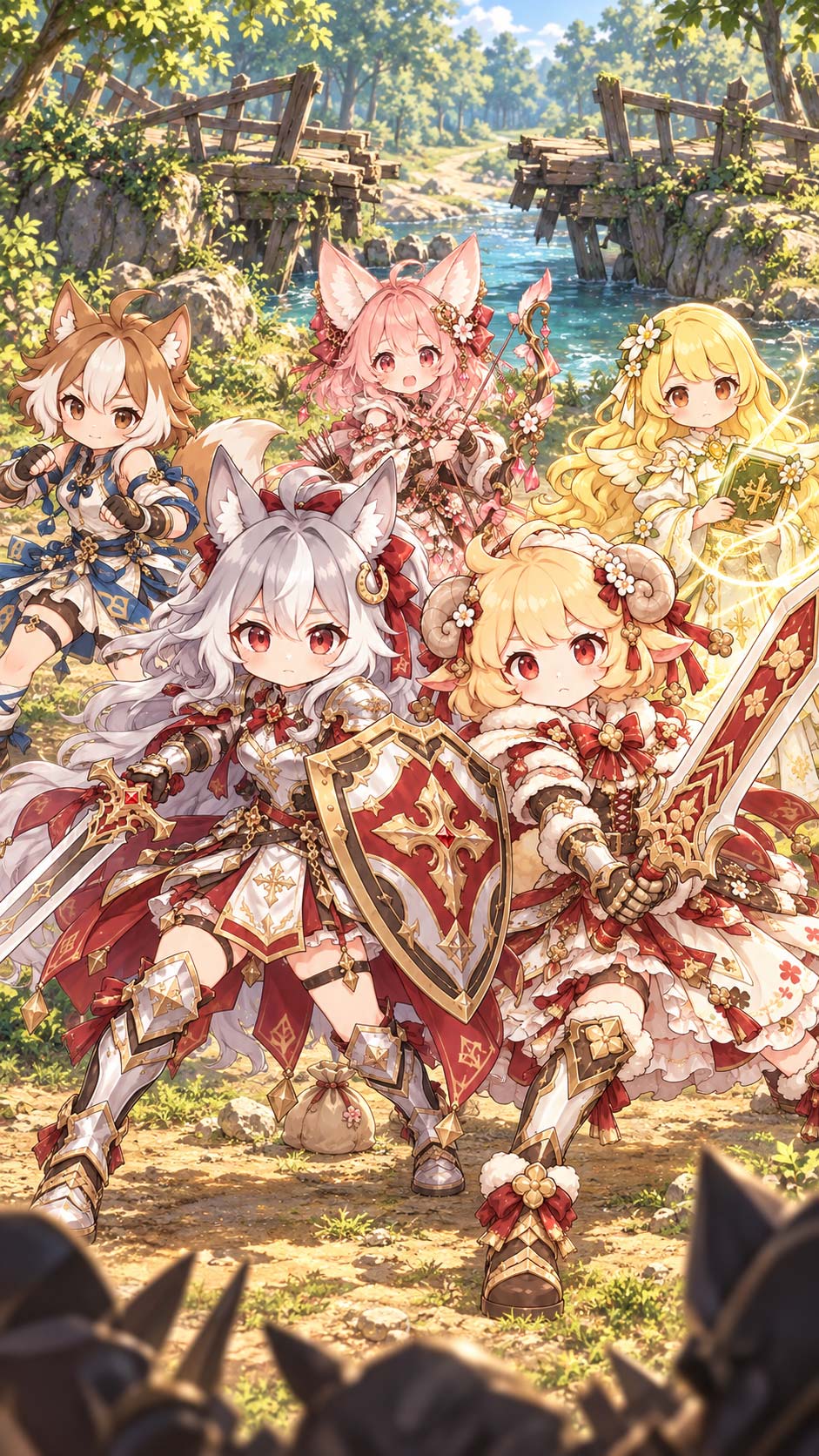 森の川辺で魔物に立ち向かう、アニマ・クロニクルの五人の仲間